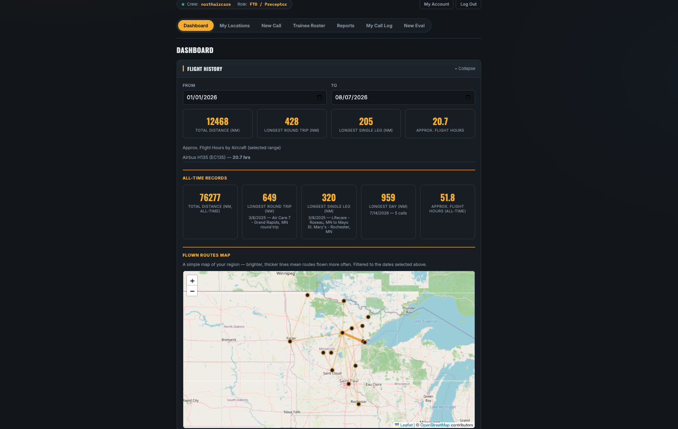 RunLog EMS dashboard showing flight history totals and a map of flown routes