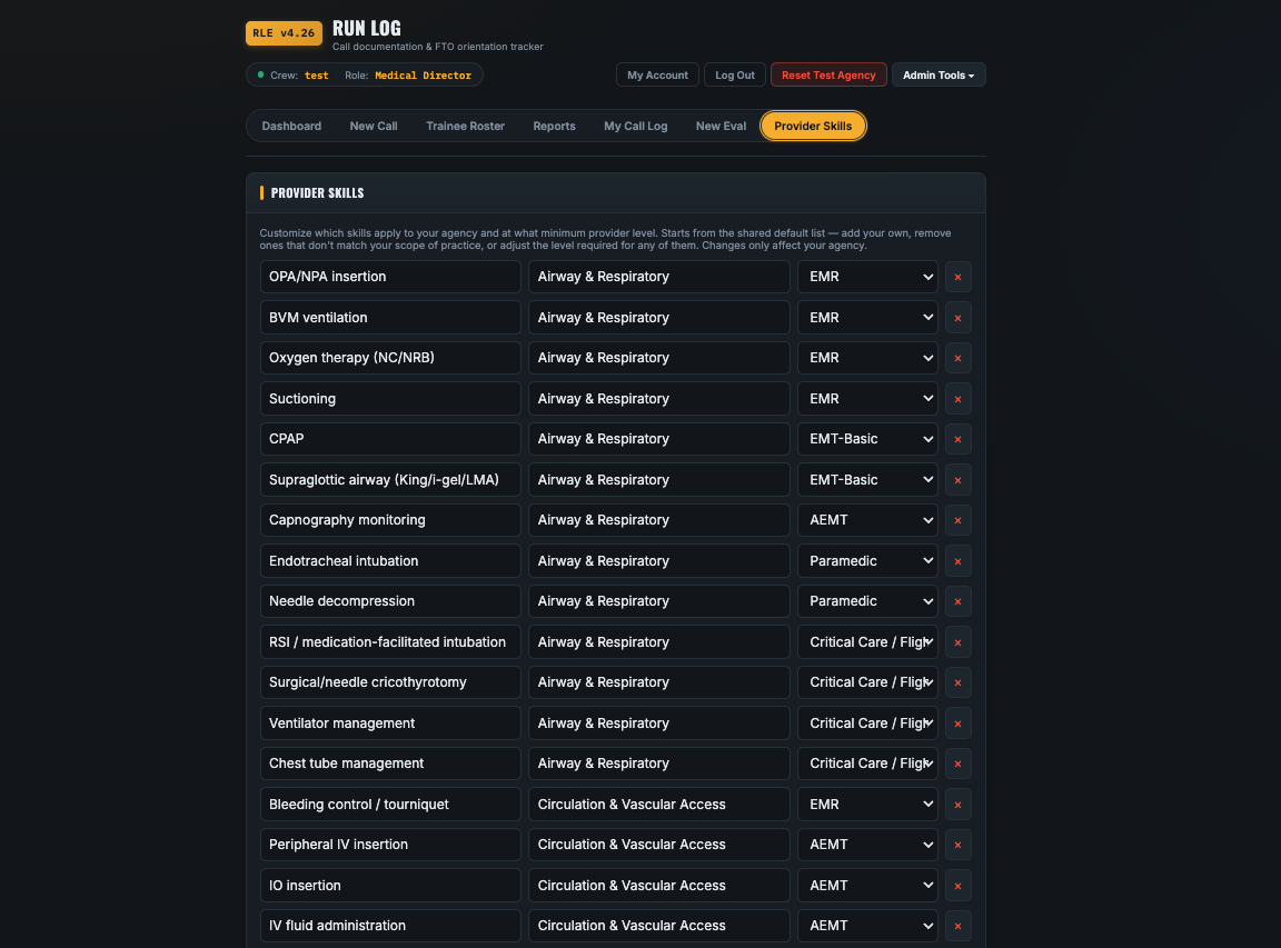 Provider Skills editor showing a customizable list of EMS skills by category and minimum provider level