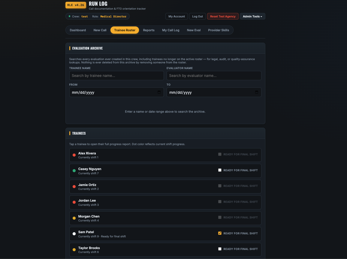 Trainee roster with shift progress dots and a searchable evaluation archive